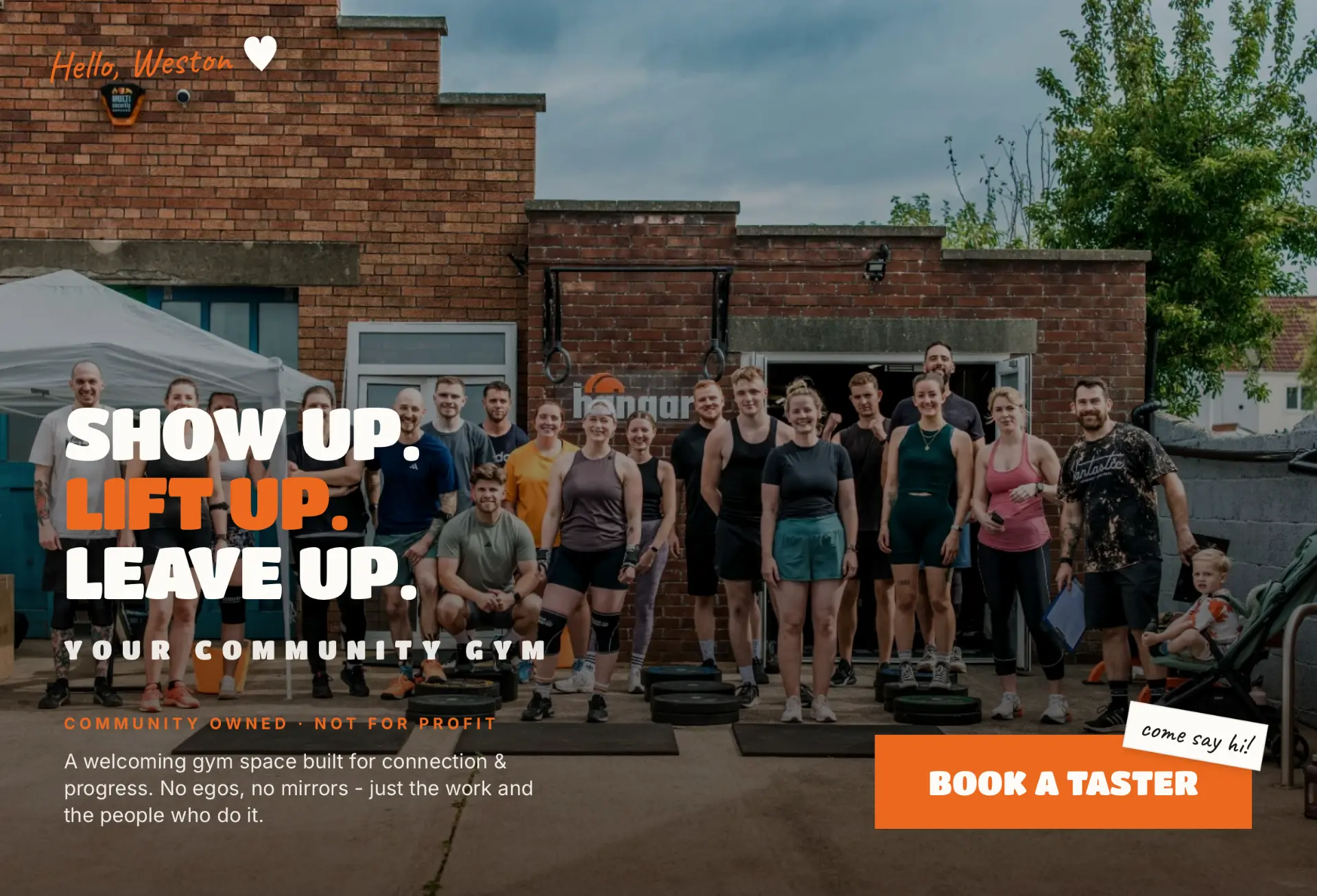 Homepage for a community-owned gym with a bold hero headline
