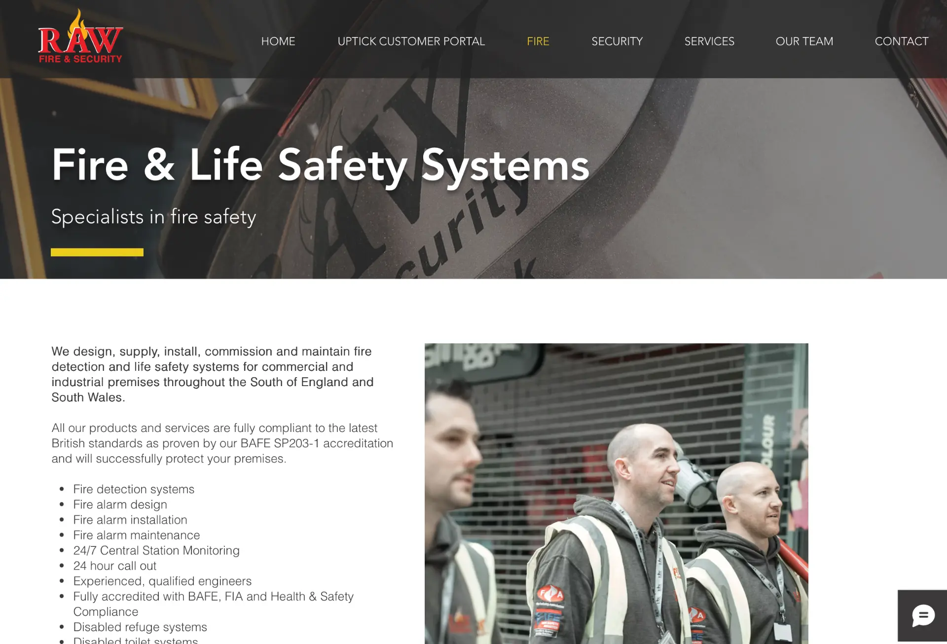 Fire and life safety systems website with service listings
