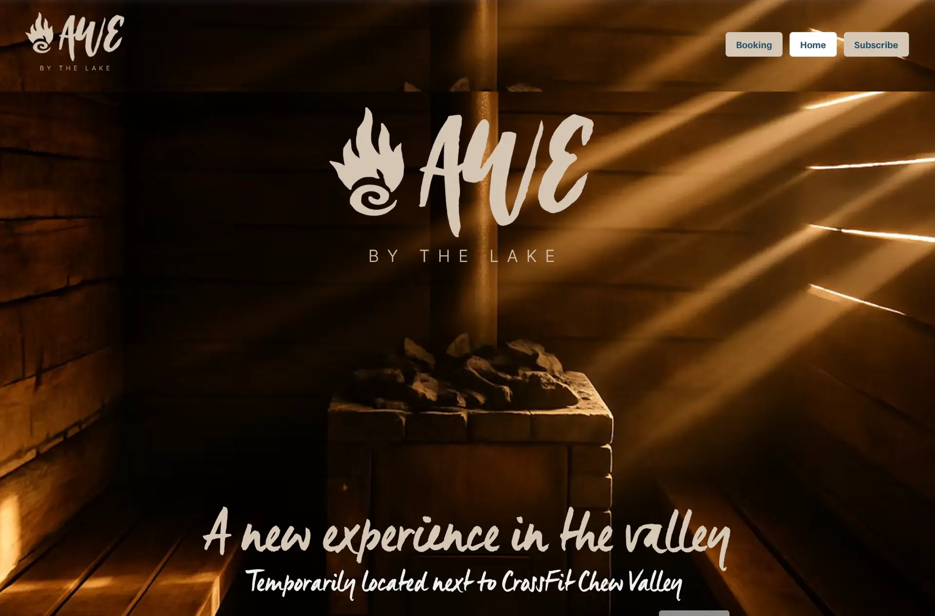 Lakeside sauna experience website with warm wooden interior and soft lighting