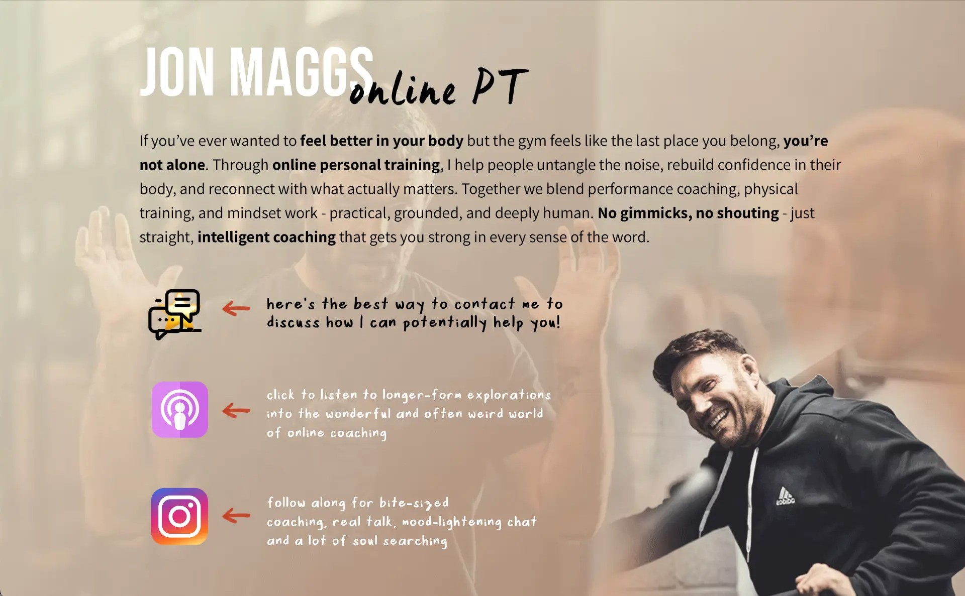 Online personal trainer landing page with contact links